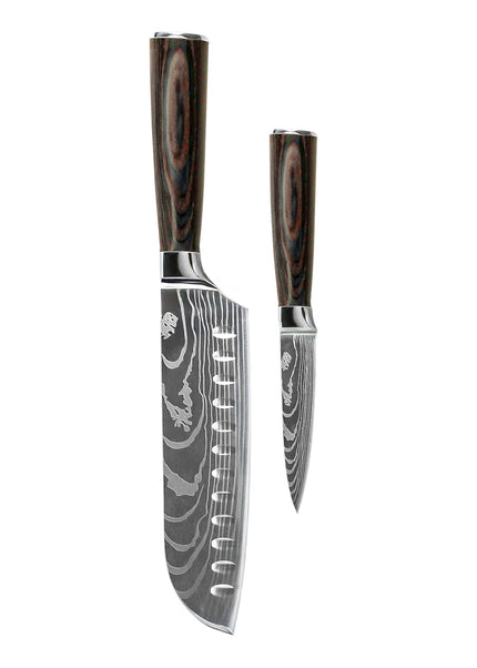 Shinrai Knives - Damascus Print 2-delige Messenset - Santoku + Schilmes