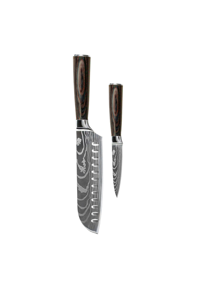 Shinrai Knives - Damascus Print 2-delige Messenset - Santoku + Schilmes